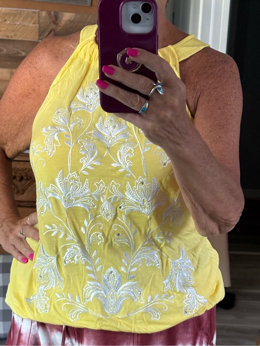 Yellow Embroidered Halter Tank Top  with White Embroidery.